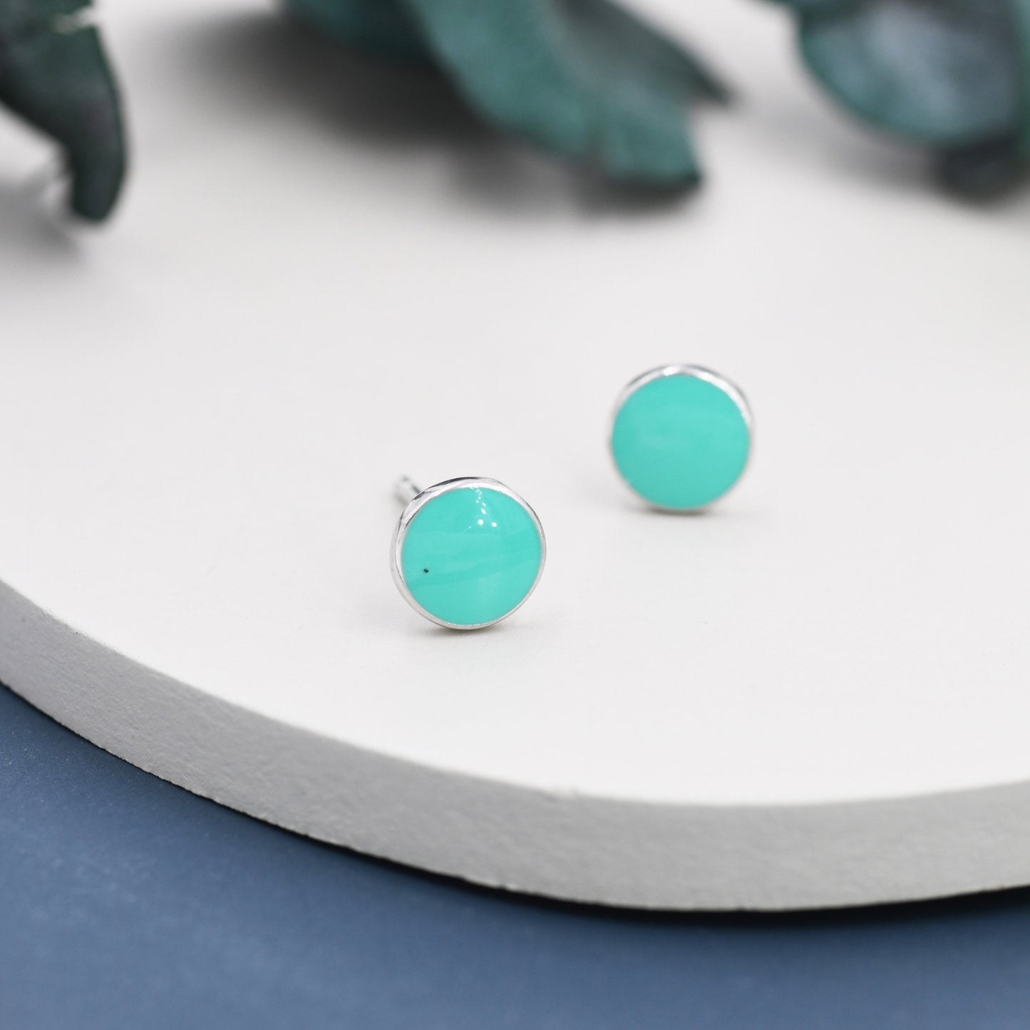 Teal Green Circle Dot Stud Earrings in Sterling Silver with Hand Painted Enamel, Pastel Stud,  Enamel Dot, 6mm