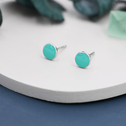 Teal Green Circle Dot Stud Earrings in Sterling Silver with Hand Painted Enamel, Pastel Stud,  Enamel Dot, 6mm