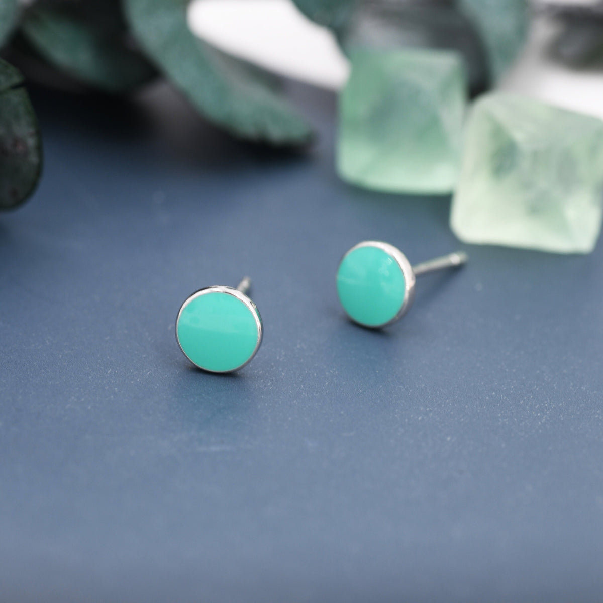 Teal Green Circle Dot Stud Earrings in Sterling Silver with Hand Painted Enamel, Pastel Stud, Enamel Dot, 6mm