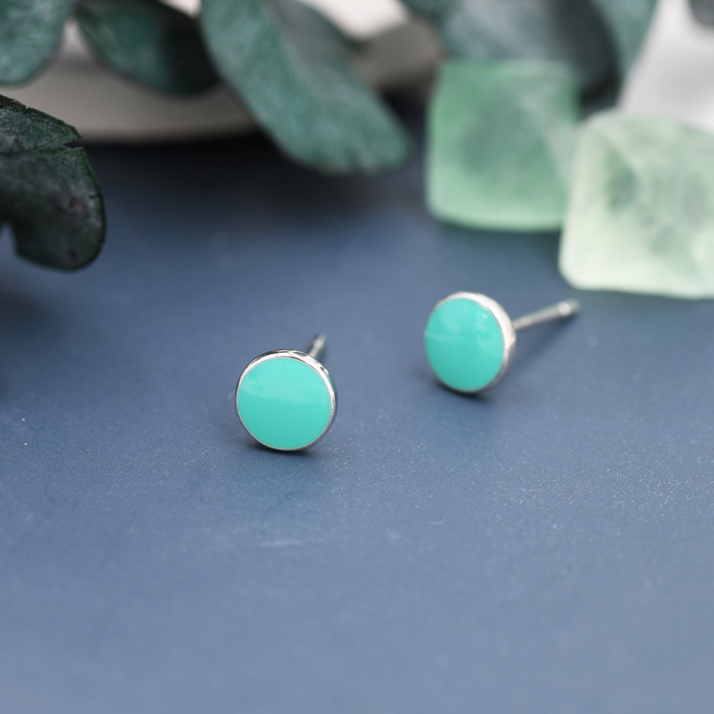 Teal Green Circle Dot Stud Earrings in Sterling Silver with Hand Painted Enamel, Pastel Stud,  Enamel Dot, 6mm