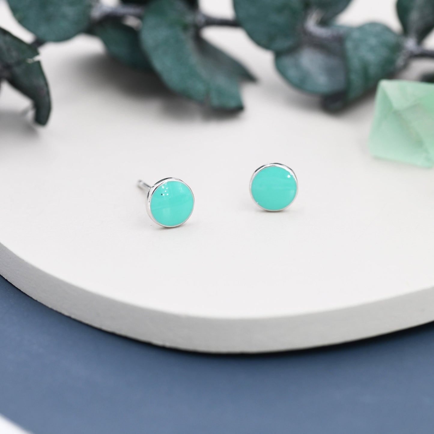 Teal Green Circle Dot Stud Earrings in Sterling Silver with Hand Painted Enamel, Pastel Stud,  Enamel Dot, 6mm