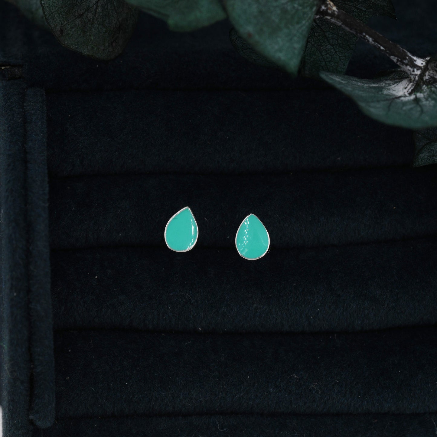 Teal Green  Droplet Dot Stud Earrings in Sterling Silver with Hand Painted Enamel, Pastel Stud,  Enamel Droplet, Drop Shape