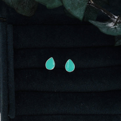 Teal Green  Droplet Dot Stud Earrings in Sterling Silver with Hand Painted Enamel, Pastel Stud,  Enamel Droplet, Drop Shape