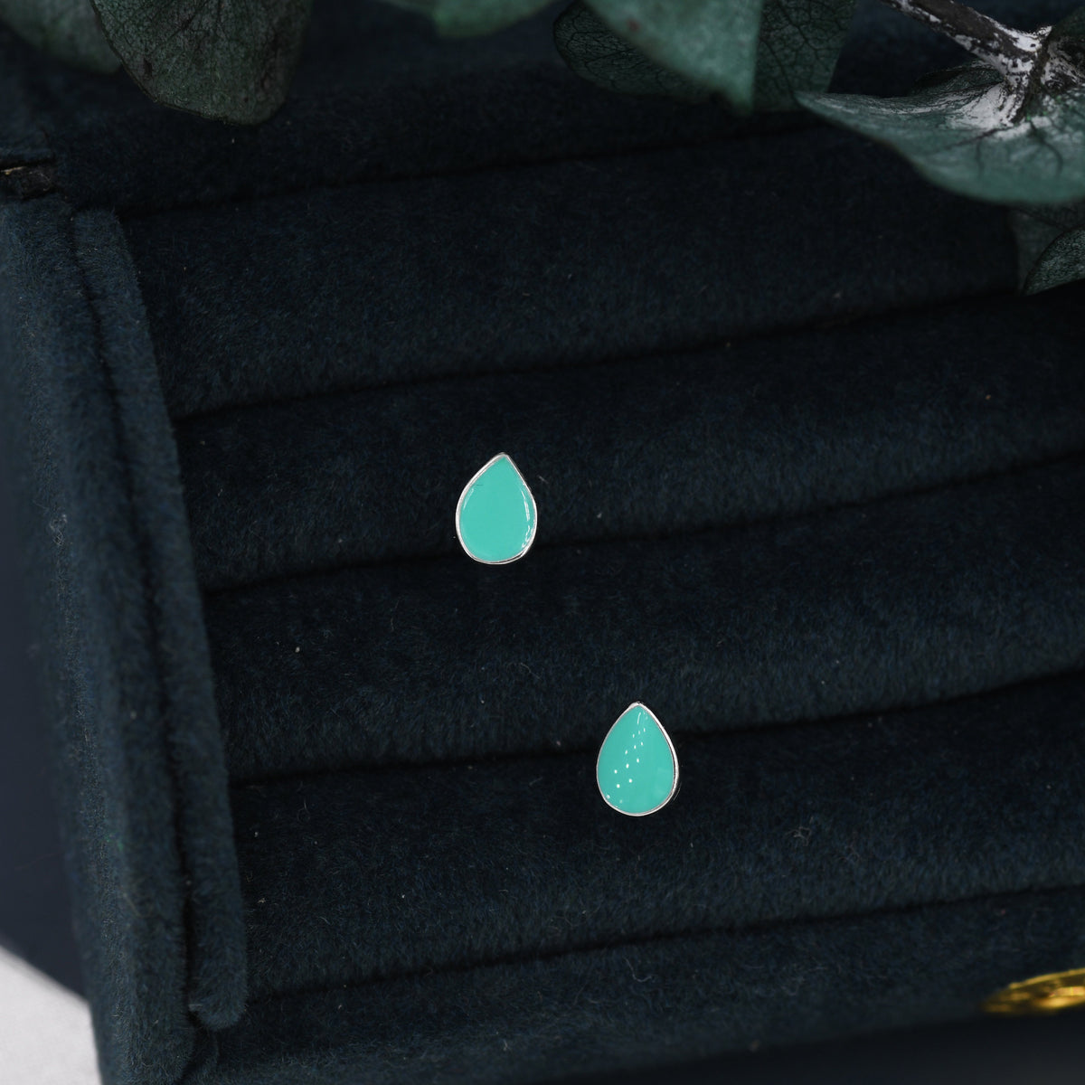 Teal Green Droplet Dot Stud Earrings in Sterling Silver with Hand Painted Enamel, Pastel Stud, Enamel Droplet, Drop Shape