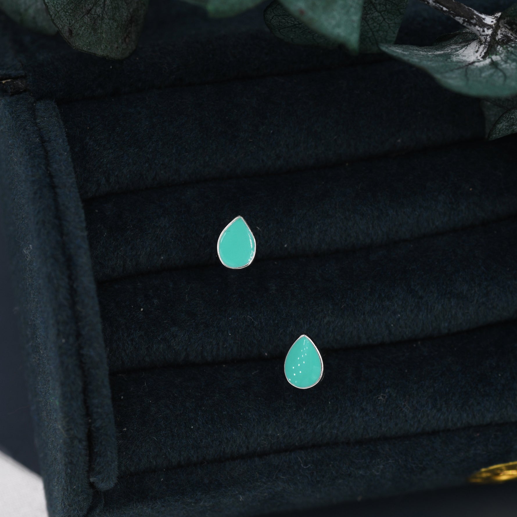 Teal Green Droplet Dot Stud Earrings in Sterling Silver with Hand Painted Enamel, Pastel Stud, Enamel Droplet, Drop Shape