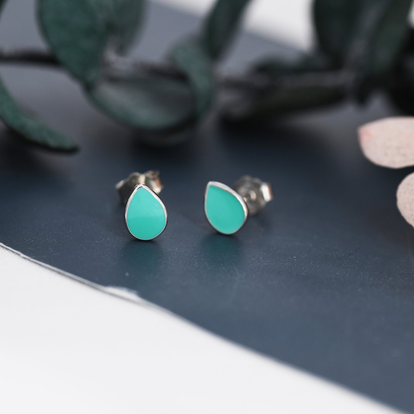 Teal Green Droplet Dot Stud Earrings in Sterling Silver with Hand Painted Enamel, Pastel Stud, Enamel Droplet, Drop Shape