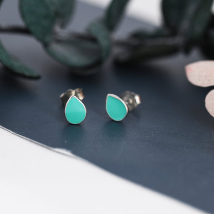 Teal Green Droplet Dot Stud Earrings in Sterling Silver with Hand Painted Enamel, Pastel Stud, Enamel Droplet, Drop Shape
