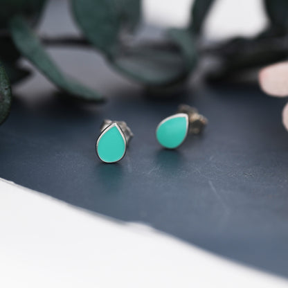 Teal Green  Droplet Dot Stud Earrings in Sterling Silver with Hand Painted Enamel, Pastel Stud,  Enamel Droplet, Drop Shape