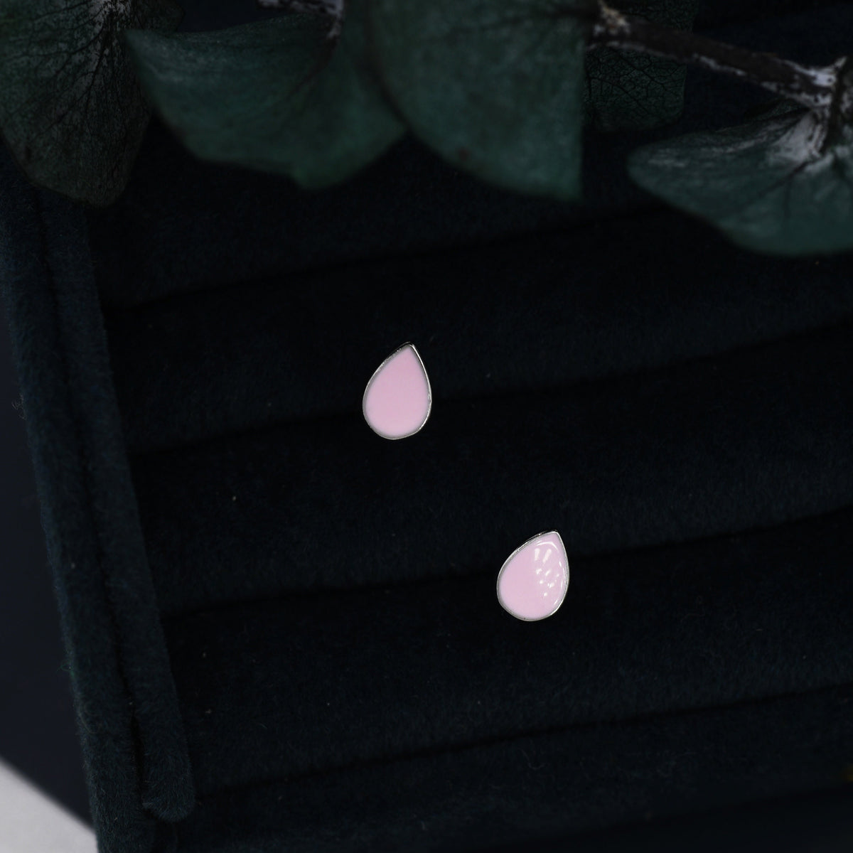 Pink Droplet Dot Stud Earrings in Sterling Silver with Hand Painted Enamel, Pastel Pink Stud, Enamel Droplet, Drop Shape