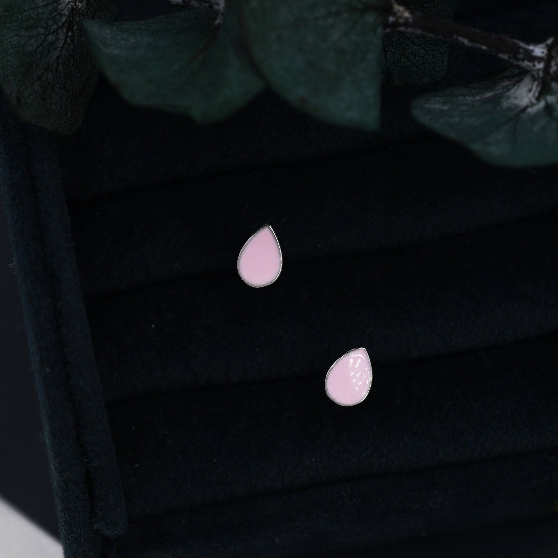 Pink Droplet Dot Stud Earrings in Sterling Silver with Hand Painted Enamel, Pastel Pink Stud, Enamel Droplet, Drop Shape