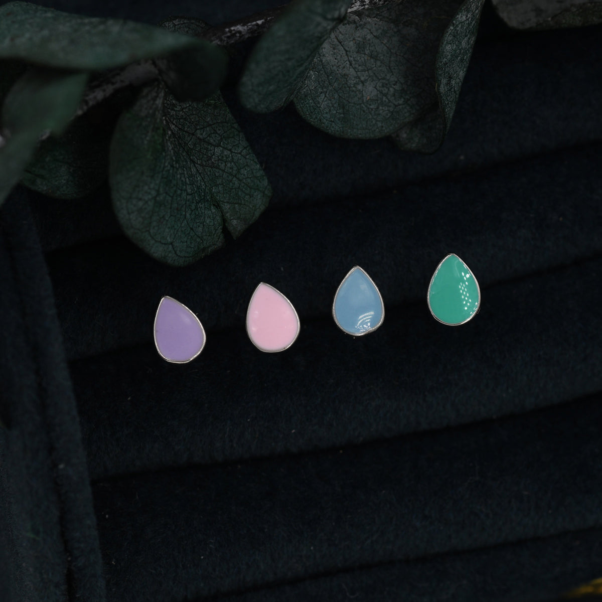 Black Droplet Dot Stud Earrings in Sterling Silver with Hand Painted Enamel, Black Stud, Enamel Droplet, Drop Shape