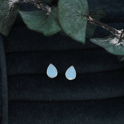 Blue Droplet Dot Stud Earrings in Sterling Silver with Hand Painted Enamel, Pastel Blue Stud,  Enamel Droplet, Drop Shape