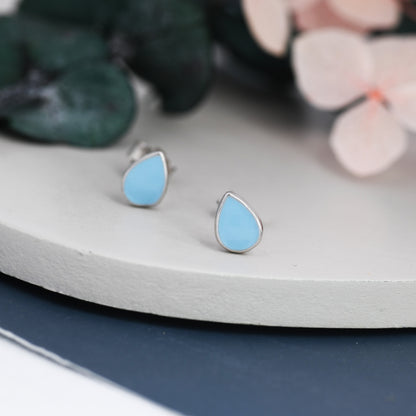 Blue Droplet Dot Stud Earrings in Sterling Silver with Hand Painted Enamel, Pastel Blue Stud,  Enamel Droplet, Drop Shape