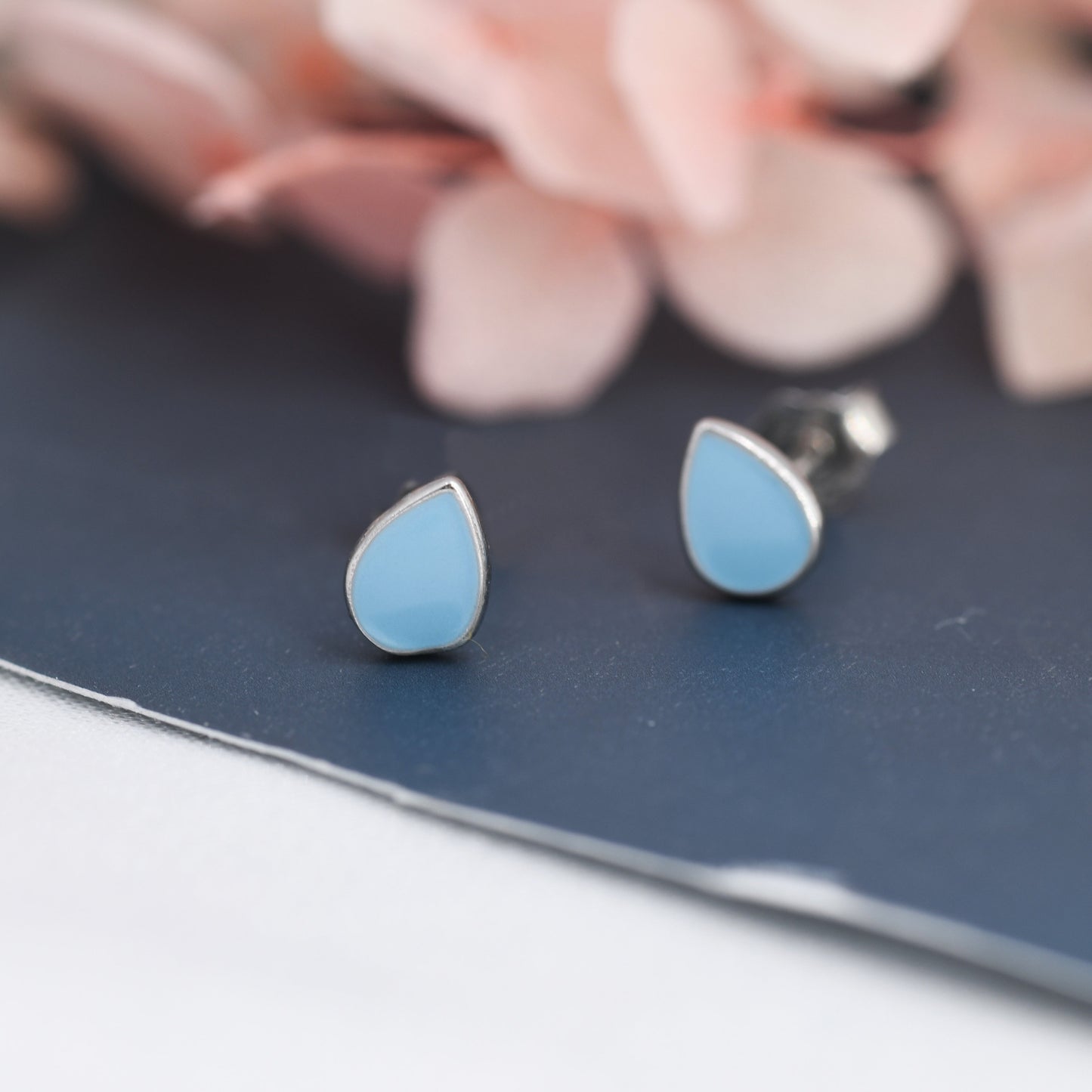 Blue Droplet Dot Stud Earrings in Sterling Silver with Hand Painted Enamel, Pastel Blue Stud,  Enamel Droplet, Drop Shape