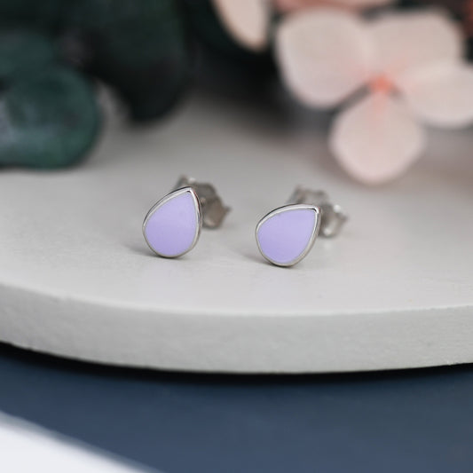 Purple Droplet Dot Stud Earrings in Sterling Silver with Hand Painted Enamel, Pastel Purple Stud,  Enamel Droplet, Drop Shape