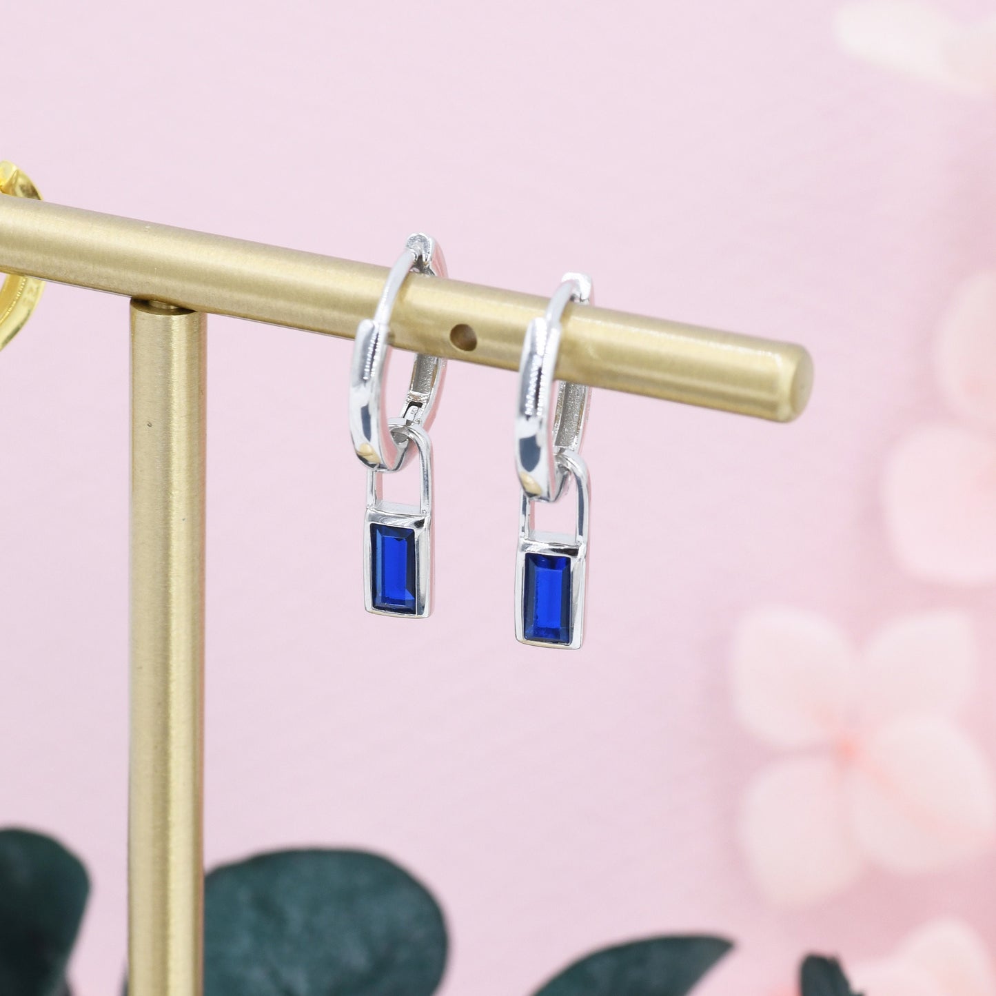 Sapphire Blue Baguette CZ Huggie Hoop in Sterling Silver, Silver or Gold, Minimalist Simple Hoop Earrings, Detachable and Interchangeable