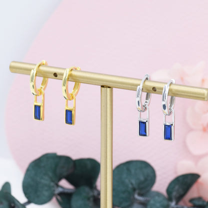 Sapphire Blue Baguette CZ Huggie Hoop in Sterling Silver, Silver or Gold, Minimalist Simple Hoop Earrings, Detachable and Interchangeable