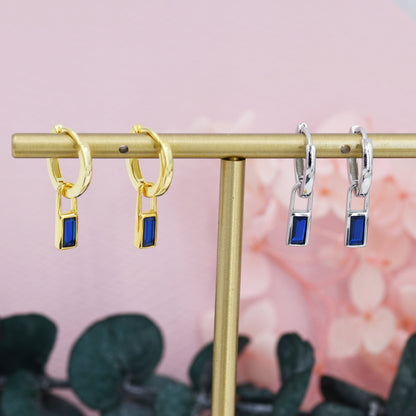 Sapphire Blue Baguette CZ Huggie Hoop in Sterling Silver, Silver or Gold, Minimalist Simple Hoop Earrings, Detachable and Interchangeable