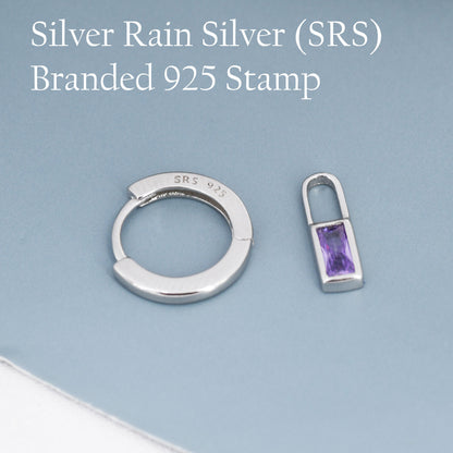 Amethyst Purple Baguette CZ Huggie Hoop in Sterling Silver, Silver or Gold, CZ Minimalist Hoop Earrings, Detachable and Interchangeable