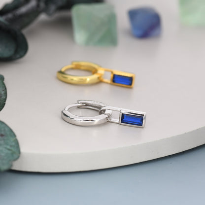 Sapphire Blue Baguette CZ Huggie Hoop in Sterling Silver, Silver or Gold, Minimalist Simple Hoop Earrings, Detachable and Interchangeable