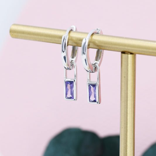 Alexandrite Purple Baguette CZ Huggie Hoop in Sterling Silver, Silver or Gold, Lilac Purple  Hoop Earrings, Detachable and Interchangeable,