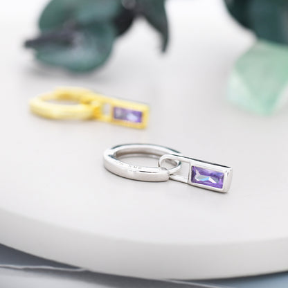 Alexandrite Purple Baguette CZ Huggie Hoop in Sterling Silver, Silver or Gold, Lilac Purple  Hoop Earrings, Detachable and Interchangeable,