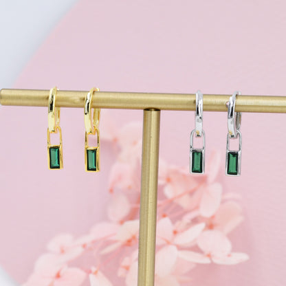 Emerald Green Baguette CZ Huggie Hoop in Sterling Silver, Silver or Gold, CZ Minimalist Hoop Earrings, Detachable and Interchangeable