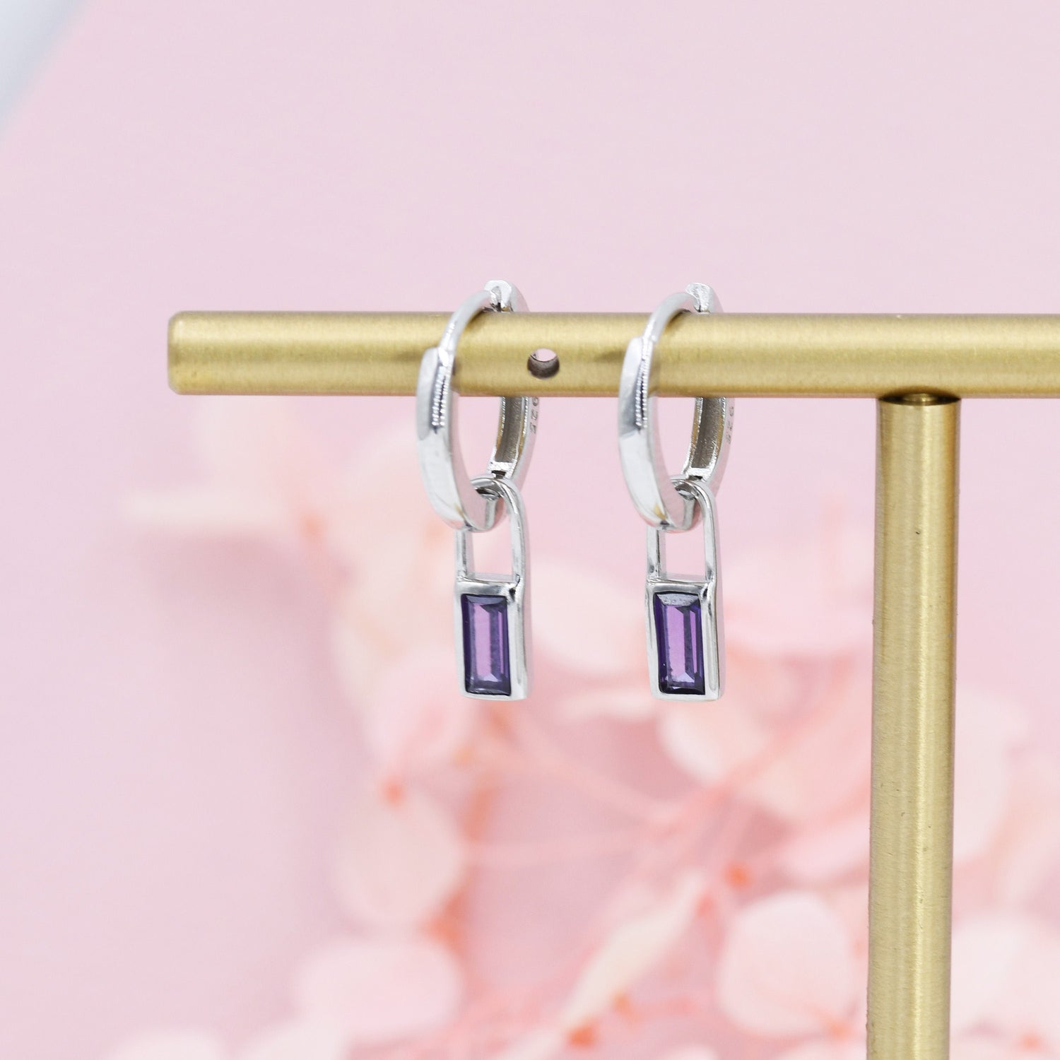 Amethyst Purple Baguette CZ Huggie Hoop in Sterling Silver, Silver or Gold, CZ Minimalist Hoop Earrings, Detachable and Interchangeable
