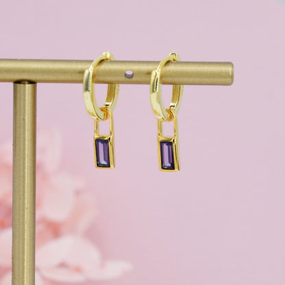 Amethyst Purple Baguette CZ Huggie Hoop in Sterling Silver, Silver or Gold, CZ Minimalist Hoop Earrings, Detachable and Interchangeable