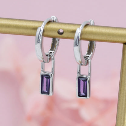 Amethyst Purple Baguette CZ Huggie Hoop in Sterling Silver, Silver or Gold, CZ Minimalist Hoop Earrings, Detachable and Interchangeable