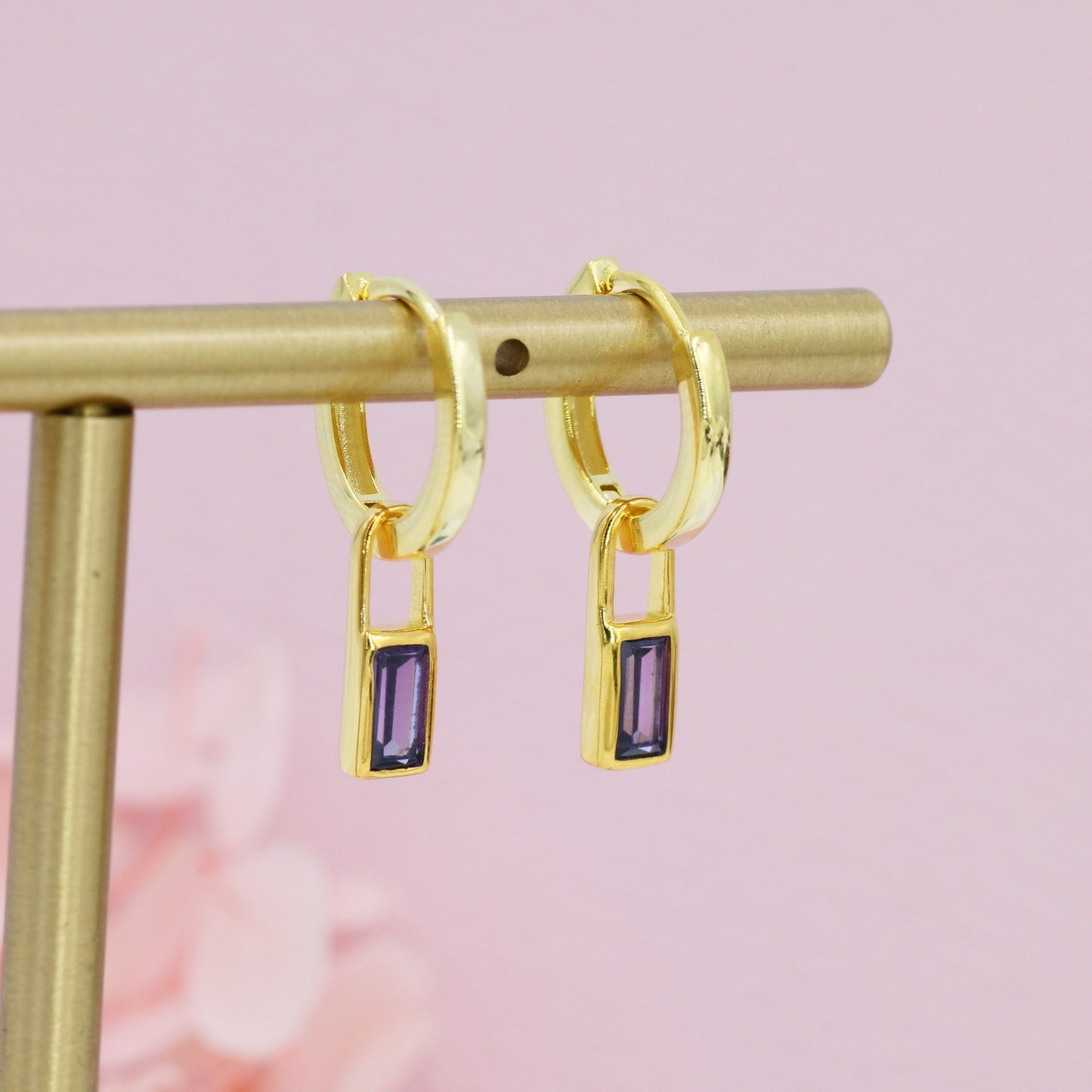 Amethyst Purple Baguette CZ Huggie Hoop in Sterling Silver, Silver or Gold, CZ Minimalist Hoop Earrings, Detachable and Interchangeable