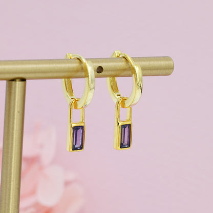 Amethyst Purple Baguette CZ Huggie Hoop in Sterling Silver, Silver or Gold, CZ Minimalist Hoop Earrings, Detachable and Interchangeable