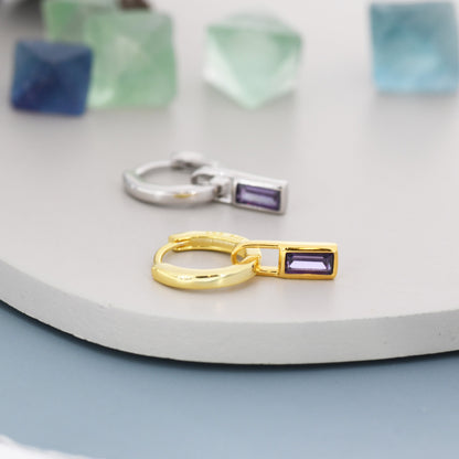 Amethyst Purple Baguette CZ Huggie Hoop in Sterling Silver, Silver or Gold, CZ Minimalist Hoop Earrings, Detachable and Interchangeable