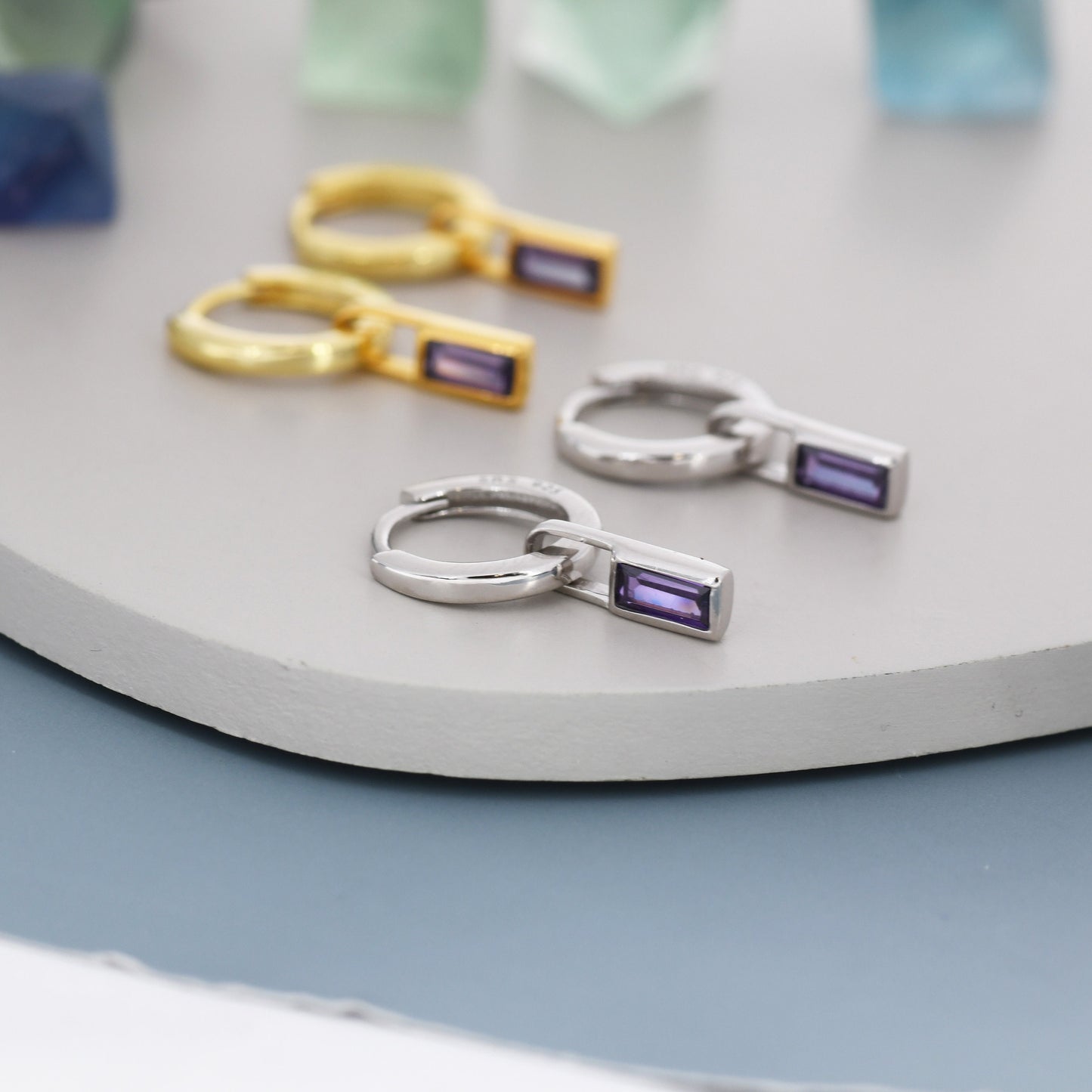 Amethyst Purple Baguette CZ Huggie Hoop in Sterling Silver, Silver or Gold, CZ Minimalist Hoop Earrings, Detachable and Interchangeable