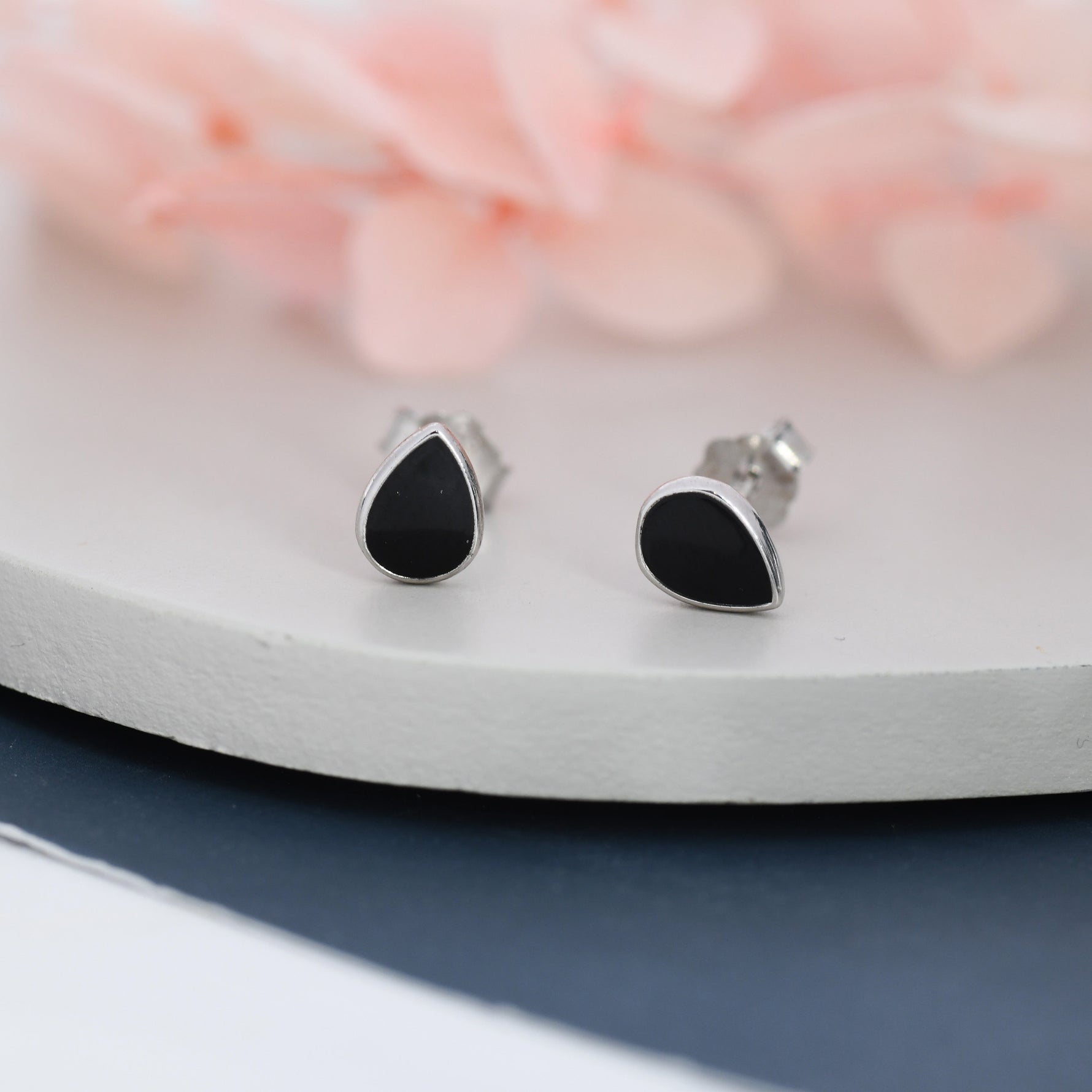 Black Droplet Dot Stud Earrings in Sterling Silver with Hand Painted Enamel, Black Stud, Enamel Droplet, Drop Shape