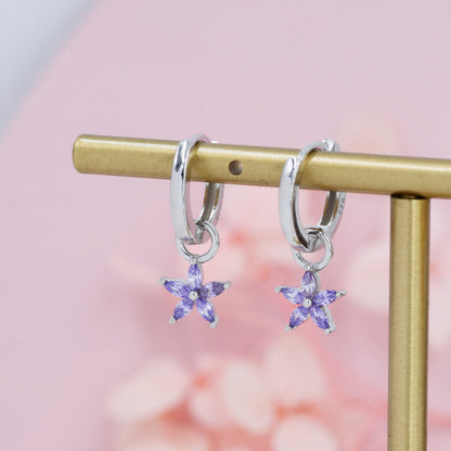 Amethyst Purple Flower CZ Huggie Hoop in Sterling Silver, Silver or Gold, Minimalist Simple Hoop Earrings, Detachable and Interchangeable