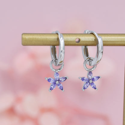 Amethyst Purple Flower CZ Huggie Hoop in Sterling Silver, Silver or Gold, Minimalist Simple Hoop Earrings, Detachable and Interchangeable