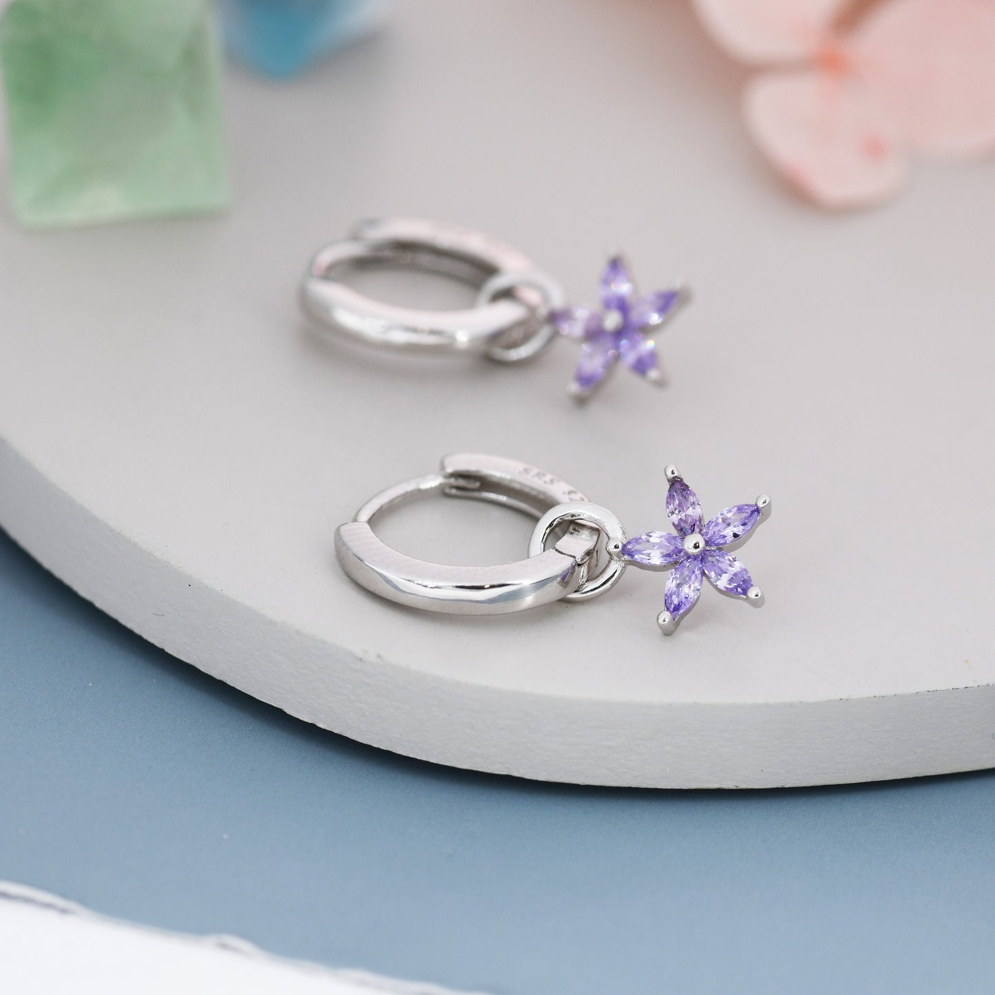 Amethyst Purple Flower CZ Huggie Hoop in Sterling Silver, Silver or Gold, Minimalist Simple Hoop Earrings, Detachable and Interchangeable