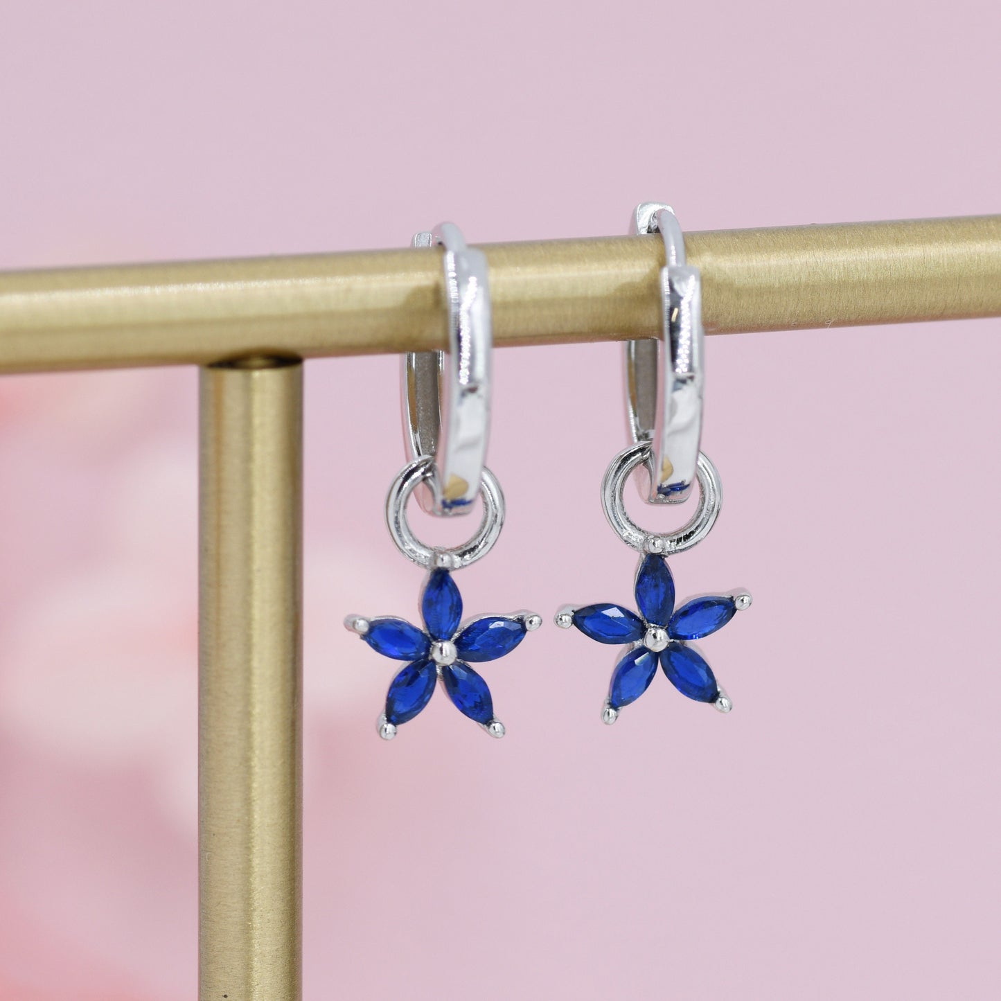 Sapphire Blue Flower CZ Huggie Hoop in Sterling Silver, Silver or Gold, Minimalist Simple Hoop Earrings, Detachable and Interchangeable