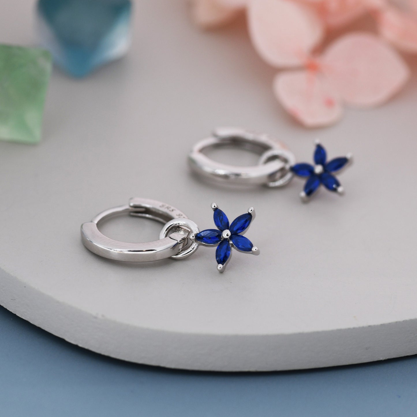 Sapphire Blue Flower CZ Huggie Hoop in Sterling Silver, Silver or Gold, Minimalist Simple Hoop Earrings, Detachable and Interchangeable