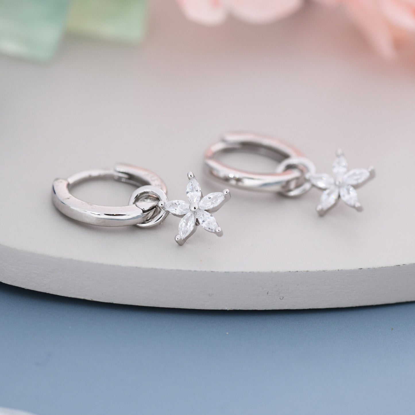 Forget me not Flower CZ Huggie Hoop in Sterling Silver, Silver or Gold, Minimalist Simple Hoop Earrings, Detachable and Interchangeable