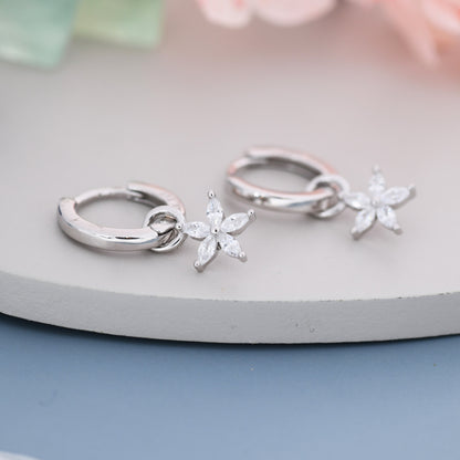 Forget me not Flower CZ Huggie Hoop in Sterling Silver, Silver or Gold, Minimalist Simple Hoop Earrings, Detachable and Interchangeable