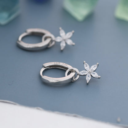 Forget me not Flower CZ Huggie Hoop in Sterling Silver, Silver or Gold, Minimalist Simple Hoop Earrings, Detachable and Interchangeable