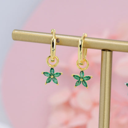 Emerald Green Flower CZ Huggie Hoop in Sterling Silver, Silver or Gold, Minimalist Simple Hoop Earrings, Detachable and Interchangeable