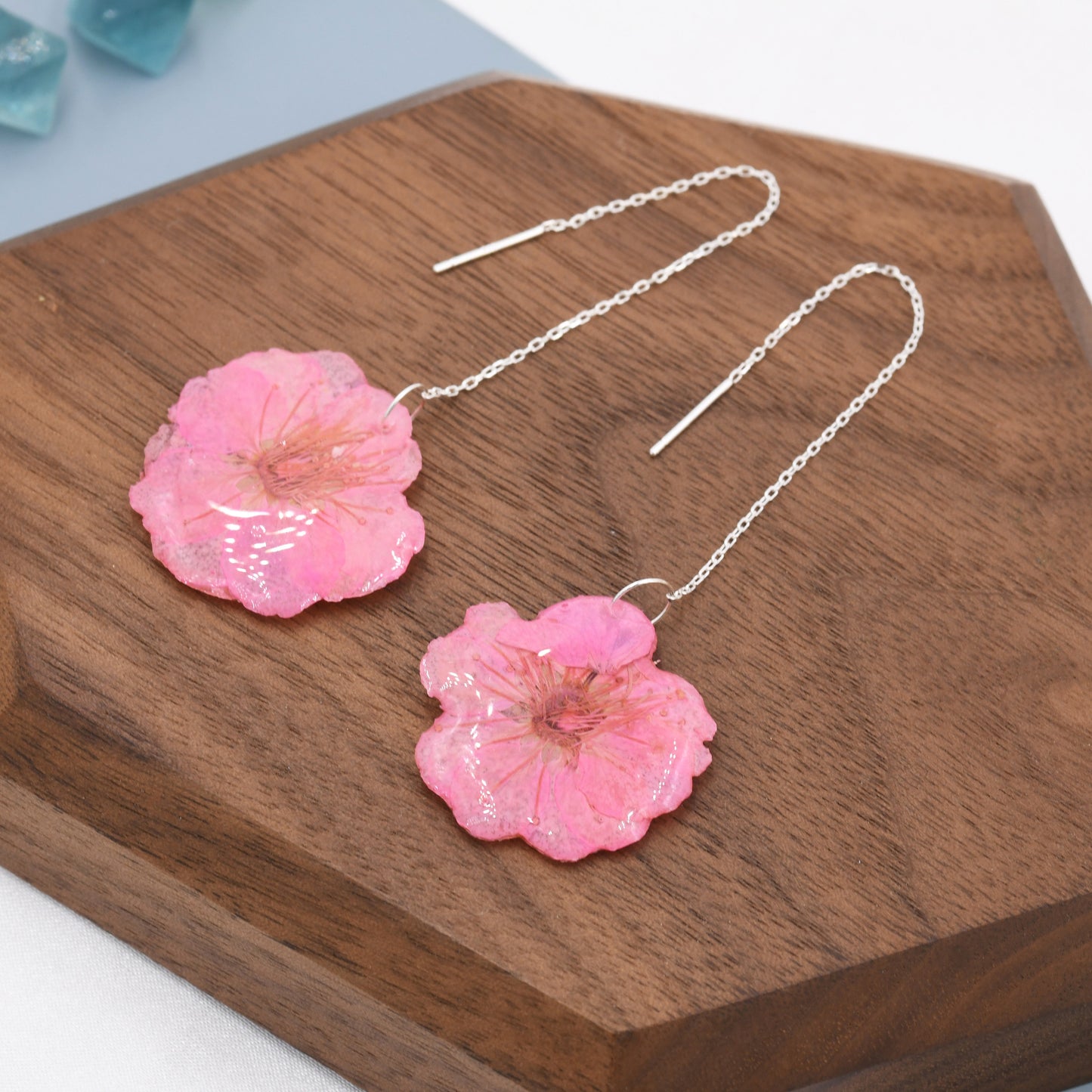 Real Cherry Blossom Flower Threader Earrings in Sterling Silver, Real Flower Ear Threaders, Resin Flower Jewellery  - Pink Sakura