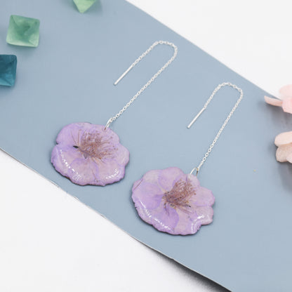 Real Cherry Blossom Flower Threader Earrings in Sterling Silver, Real Flower Ear Threaders, Resin Flower Jewellery  - Purple Sakura