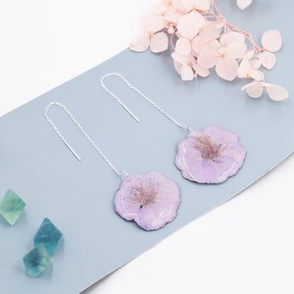 Real Cherry Blossom Flower Threader Earrings in Sterling Silver, Real Flower Ear Threaders, Resin Flower Jewellery  - Purple Sakura