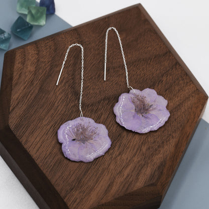 Real Cherry Blossom Flower Threader Earrings in Sterling Silver, Real Flower Ear Threaders, Resin Flower Jewellery  - Purple Sakura