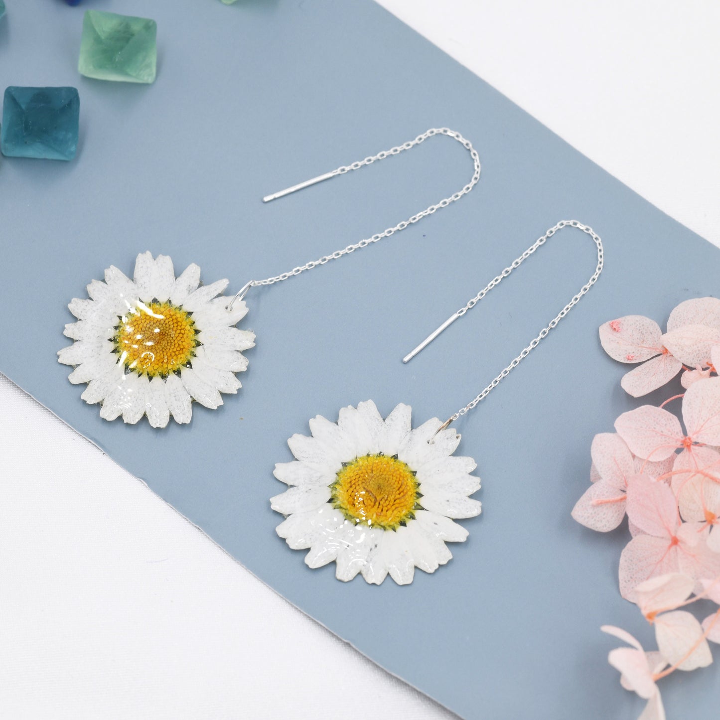 Real Daisy Flower Threader Earrings in Sterling Silver, Real Flower Ear Threaders, Resin Flower Jewellery