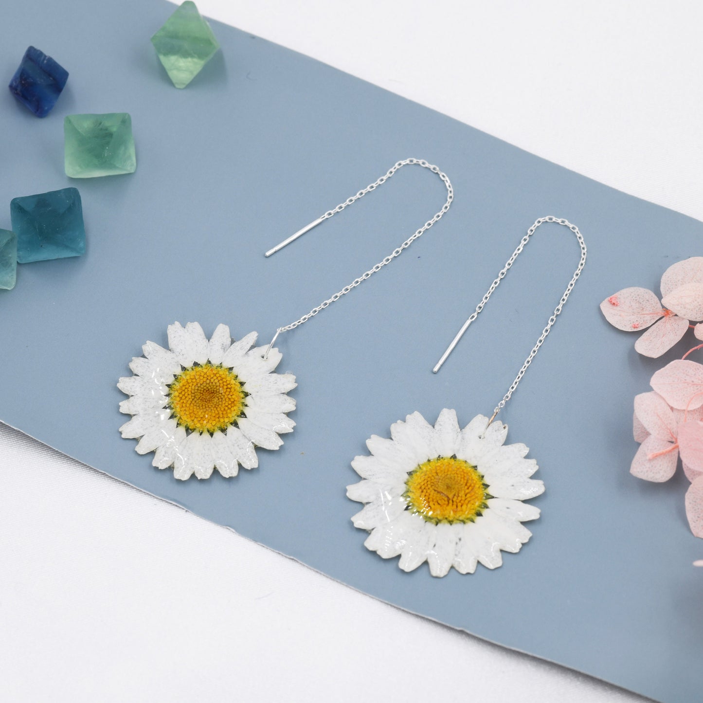 Real Daisy Flower Threader Earrings in Sterling Silver, Real Flower Ear Threaders, Resin Flower Jewellery